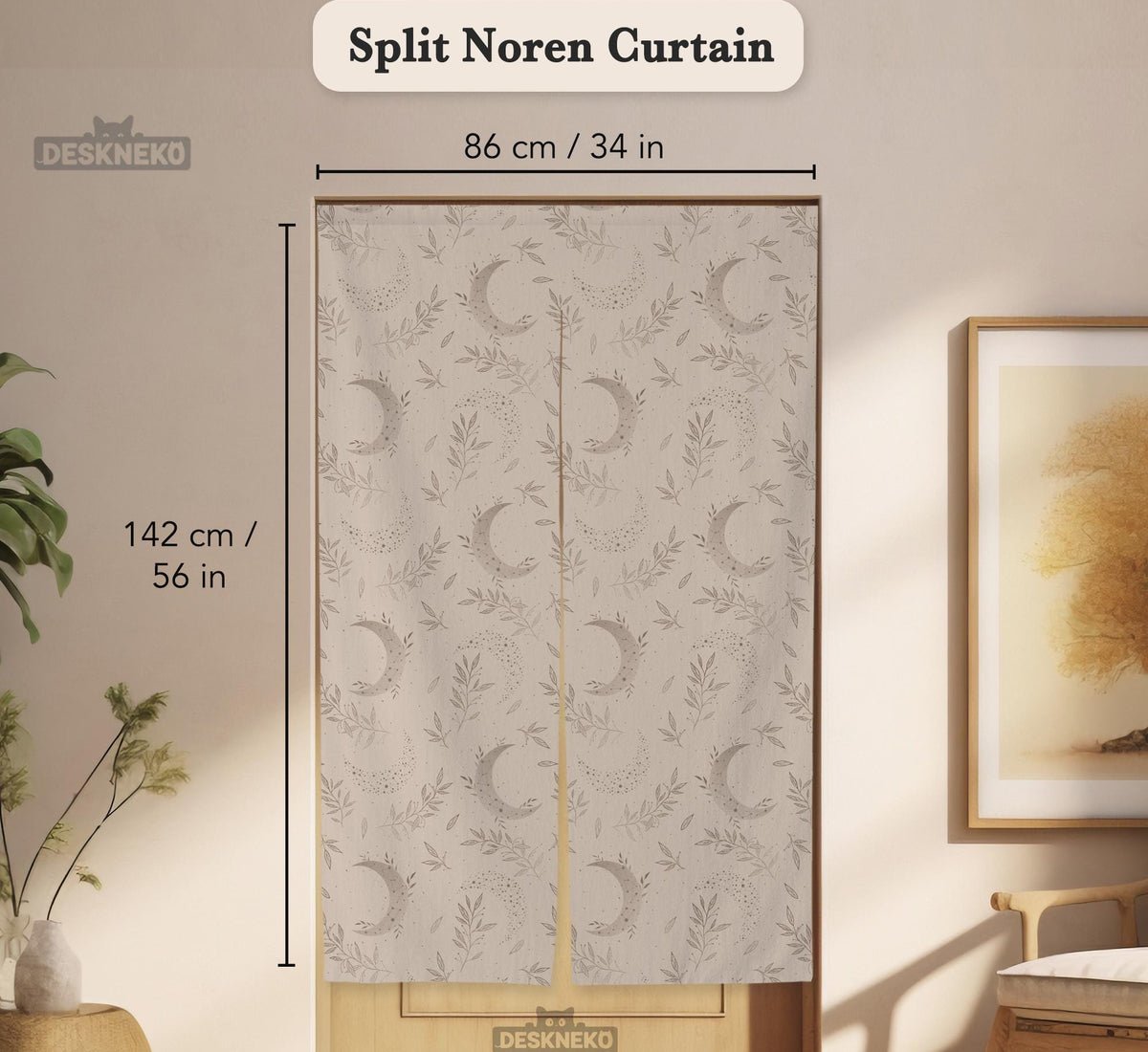 Beige door curtain with a crescent moon, leafy botanical branches, gray line art, and dotted celestial details.