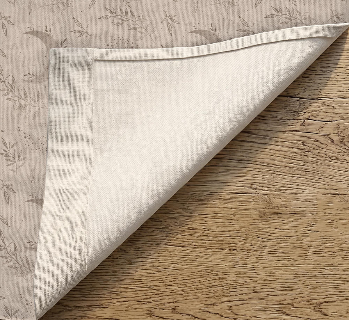 Beige door curtain with a crescent moon, leafy botanical branches, gray line art, and dotted celestial details.