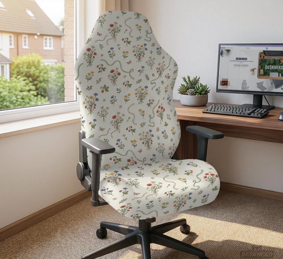 Cream chair cover with a scattered cottage garden floral print in red, blue, yellow, and green on a light background.
