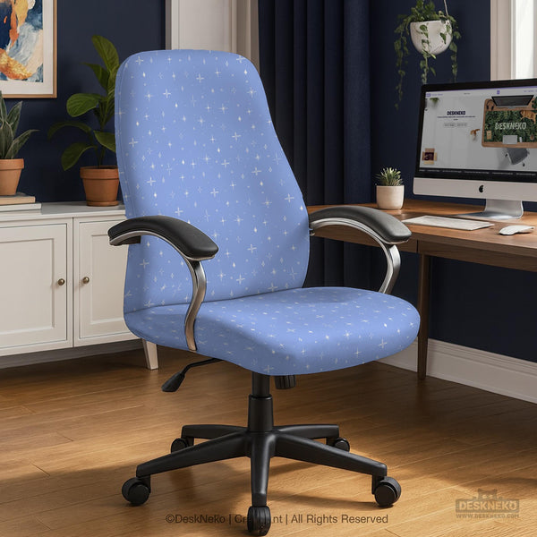 Blue desk chair cover with a celestial star and moon pattern shown in multiple coverage options for a chair.