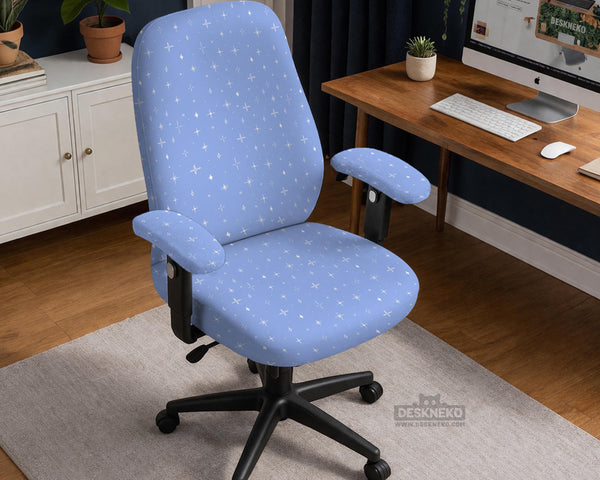 Blue desk chair cover with a celestial star and moon pattern shown in multiple coverage options for a chair.