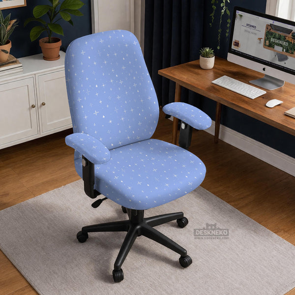 Blue desk chair cover with a celestial star and moon pattern shown in multiple coverage options for a chair.