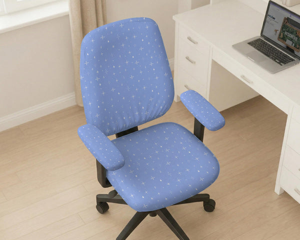 Blue desk chair cover with a celestial star and moon pattern shown in multiple coverage options for a chair.