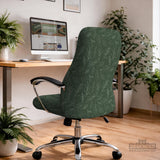 A forest green chair cover with a sage green leaf print shown on a high-back office or gaming chair.
