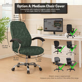 A forest green chair cover with a sage green leaf print shown on a high-back office or gaming chair.