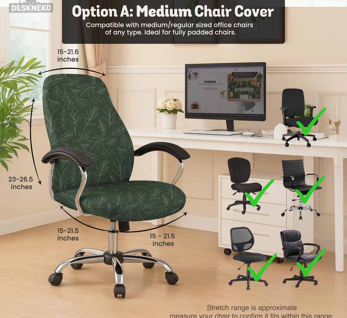 Sage green line-art leaf print chair cover shown with office chair cover options, including full cover, back and seat cover, seat-only cover, and armrest-only cover.
