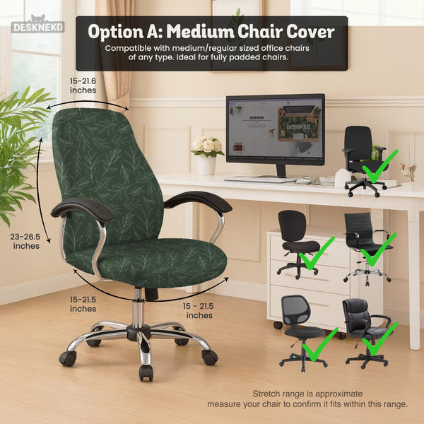 Sage green line-art leaf print chair cover shown with office chair cover options, including full cover, back and seat cover, seat-only cover, and armrest-only cover.