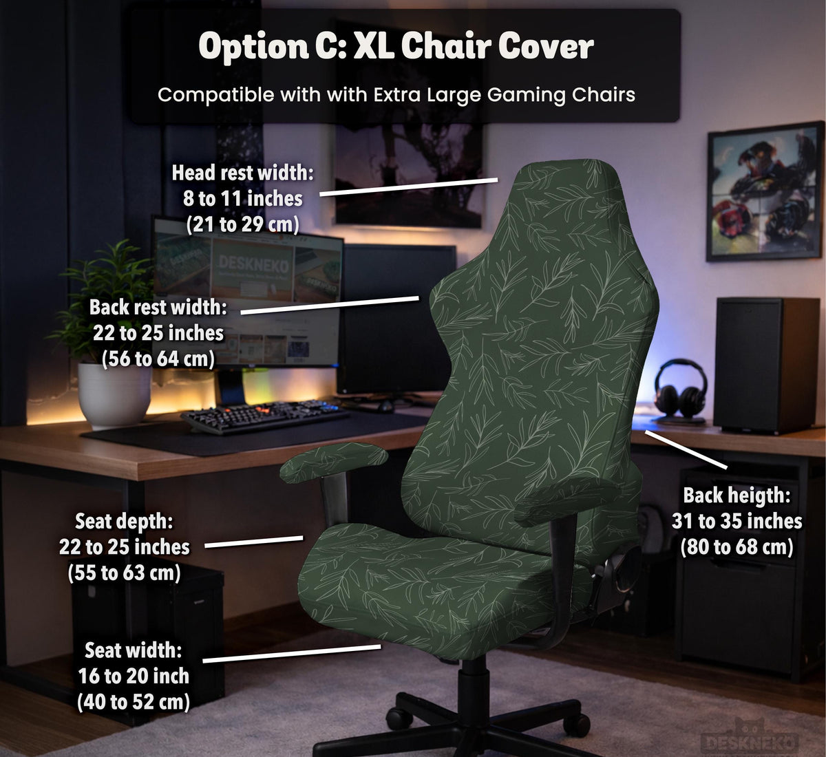 A forest green chair cover with a sage green leaf print shown on a high-back office or gaming chair.