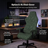 A forest green chair cover with a sage green leaf print shown on a high-back office or gaming chair.