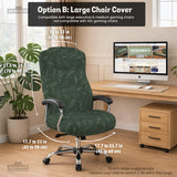 A forest green chair cover with a sage green leaf print shown on a high-back office or gaming chair.