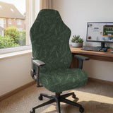 A forest green chair cover with a sage green leaf print shown on a high-back office or gaming chair.