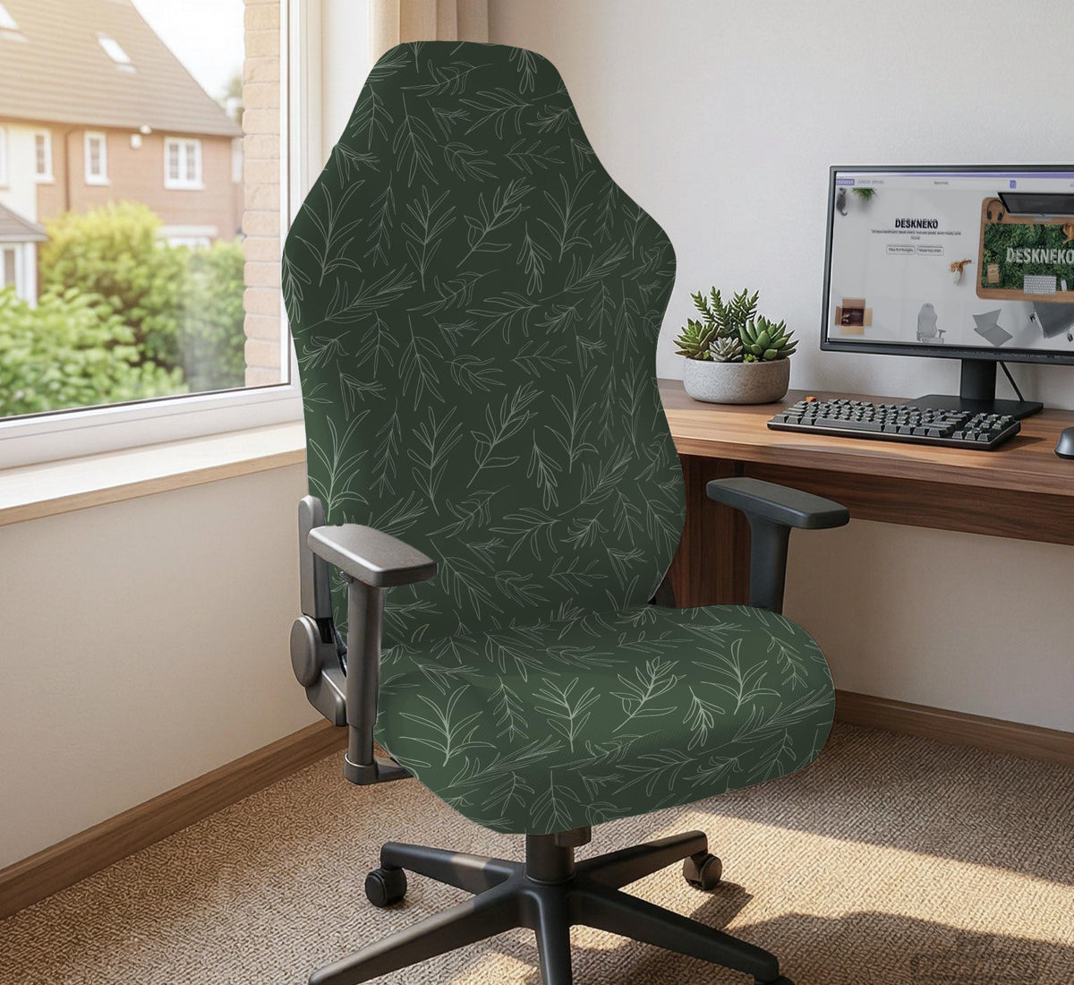 Sage green line-art leaf print chair cover shown with office chair cover options, including full cover, back and seat cover, seat-only cover, and armrest-only cover.
