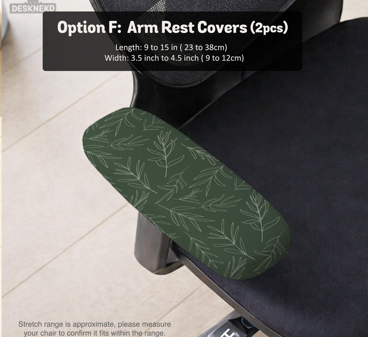 Sage green line-art leaf print chair cover shown with office chair cover options, including full cover, back and seat cover, seat-only cover, and armrest-only cover.