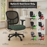 Sage green line-art leaf print chair cover shown with office chair cover options, including full cover, back and seat cover, seat-only cover, and armrest-only cover.