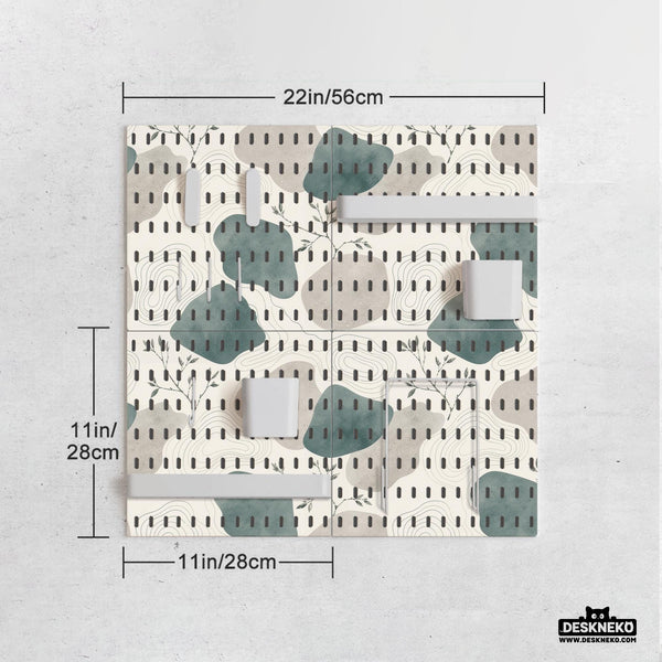 Four pegboard panels in sage green with cream, grey, teal, and leafy botanical artwork arranged in a square layout.