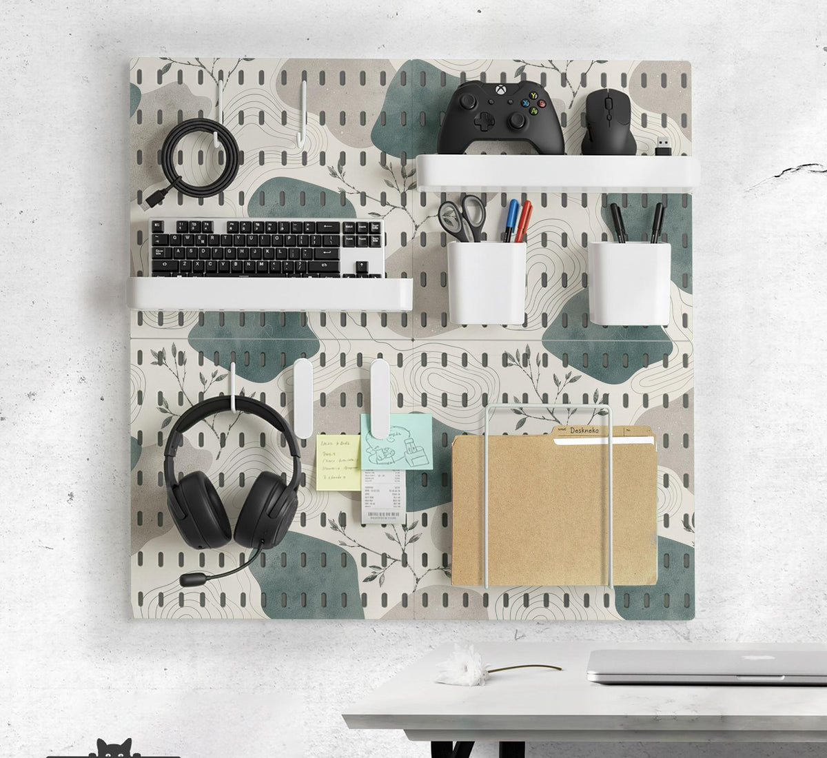 Four pegboard panels in sage green with cream, grey, teal, and leafy botanical artwork arranged in a square layout.