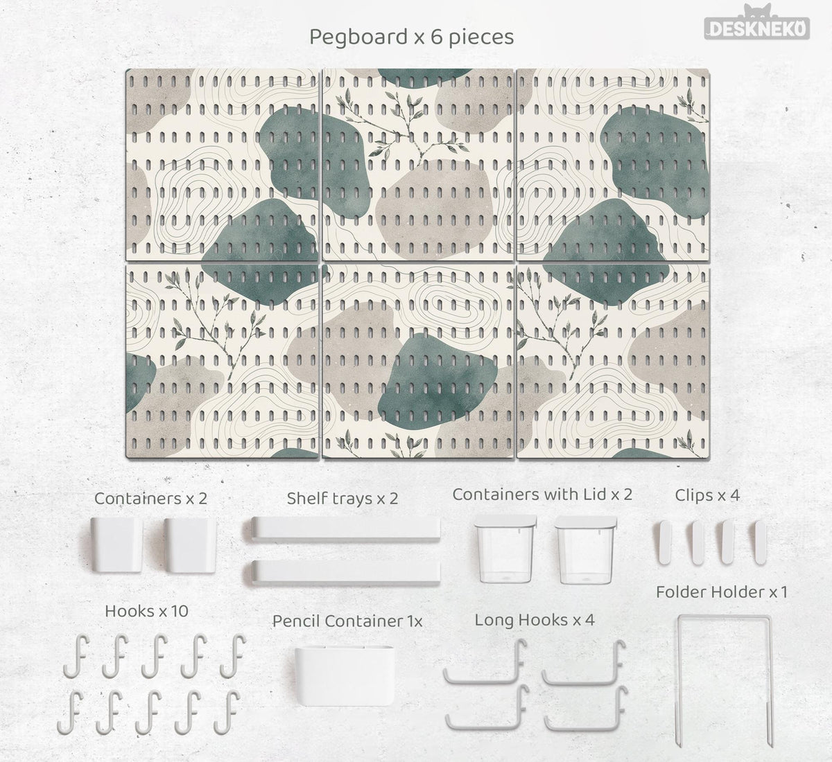 Four pegboard panels in sage green with cream, grey, teal, and leafy botanical artwork arranged in a square layout.
