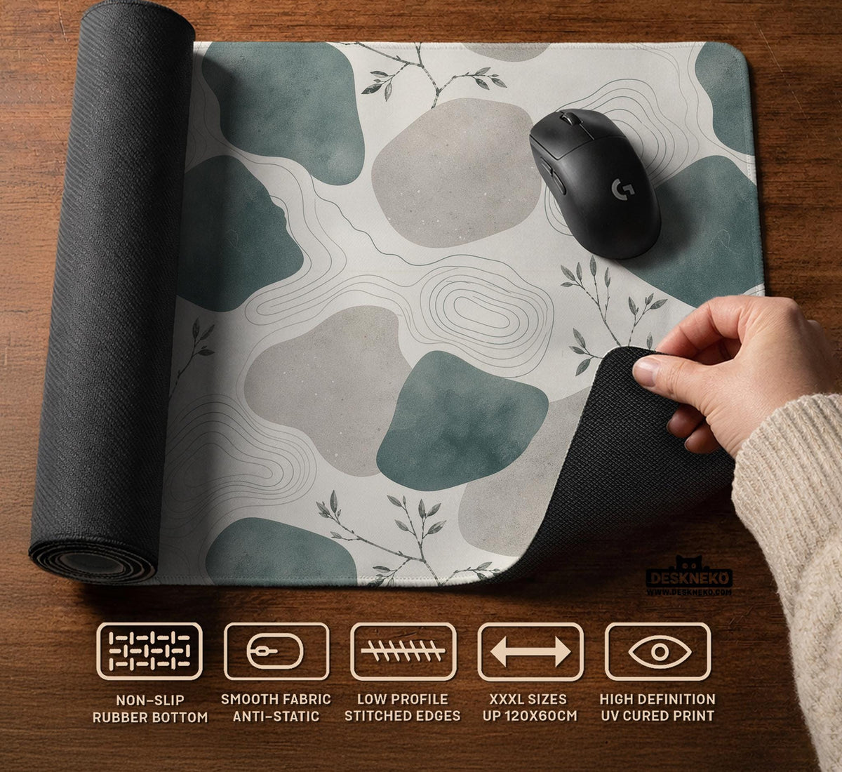 A desk mat with sage green abstract blocks, cream space, gray stone-like shapes, fine topographic contour lines, and small branch details.