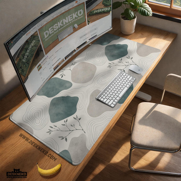 A desk mat with sage green abstract blocks, cream space, gray stone-like shapes, fine topographic contour lines, and small branch details.