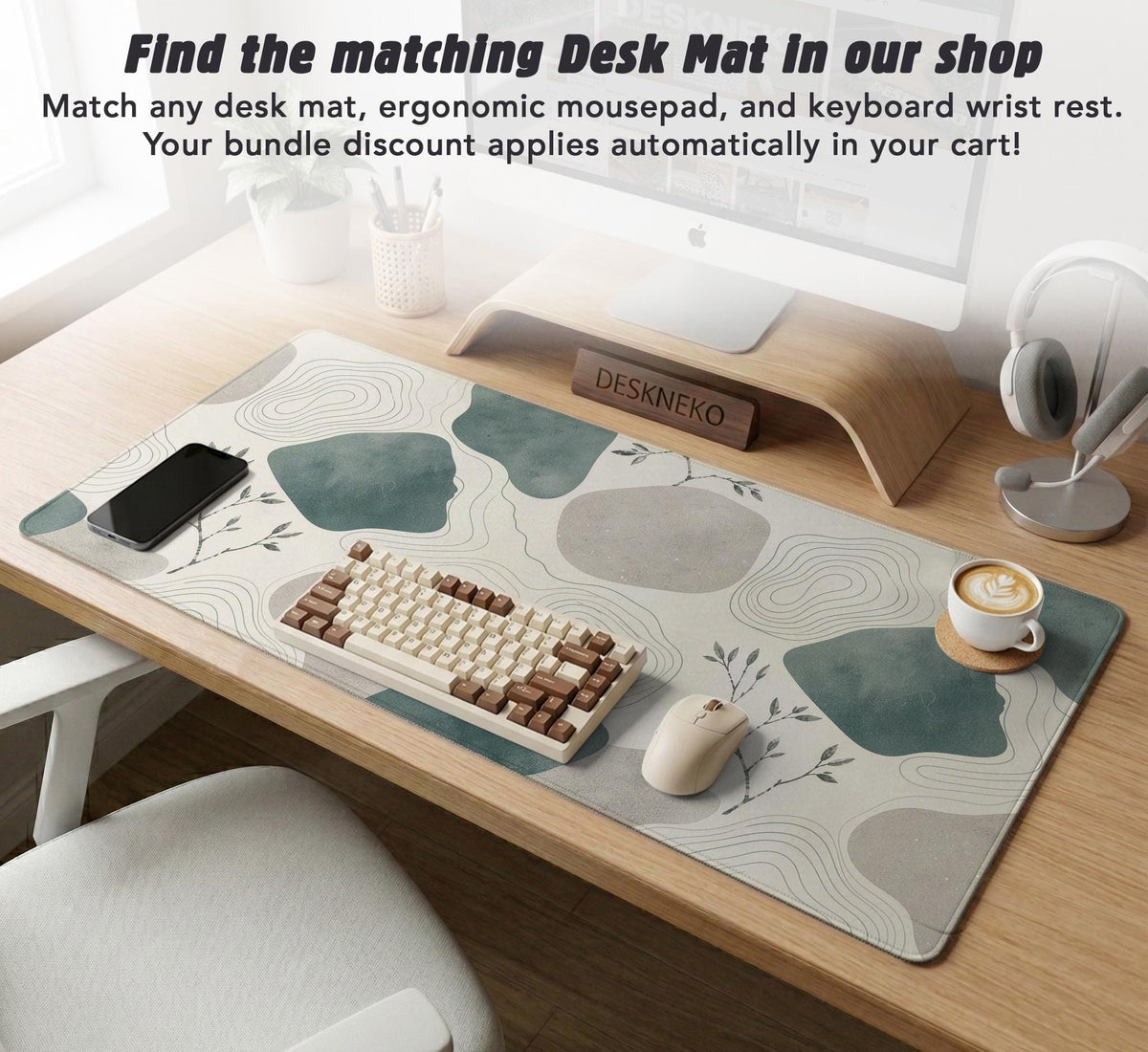 Sage green ergonomic mousepad and keyboard wrist rest with abstract shapes, soft gray details, cream space, topographic contour lines, and leafy branch accents.