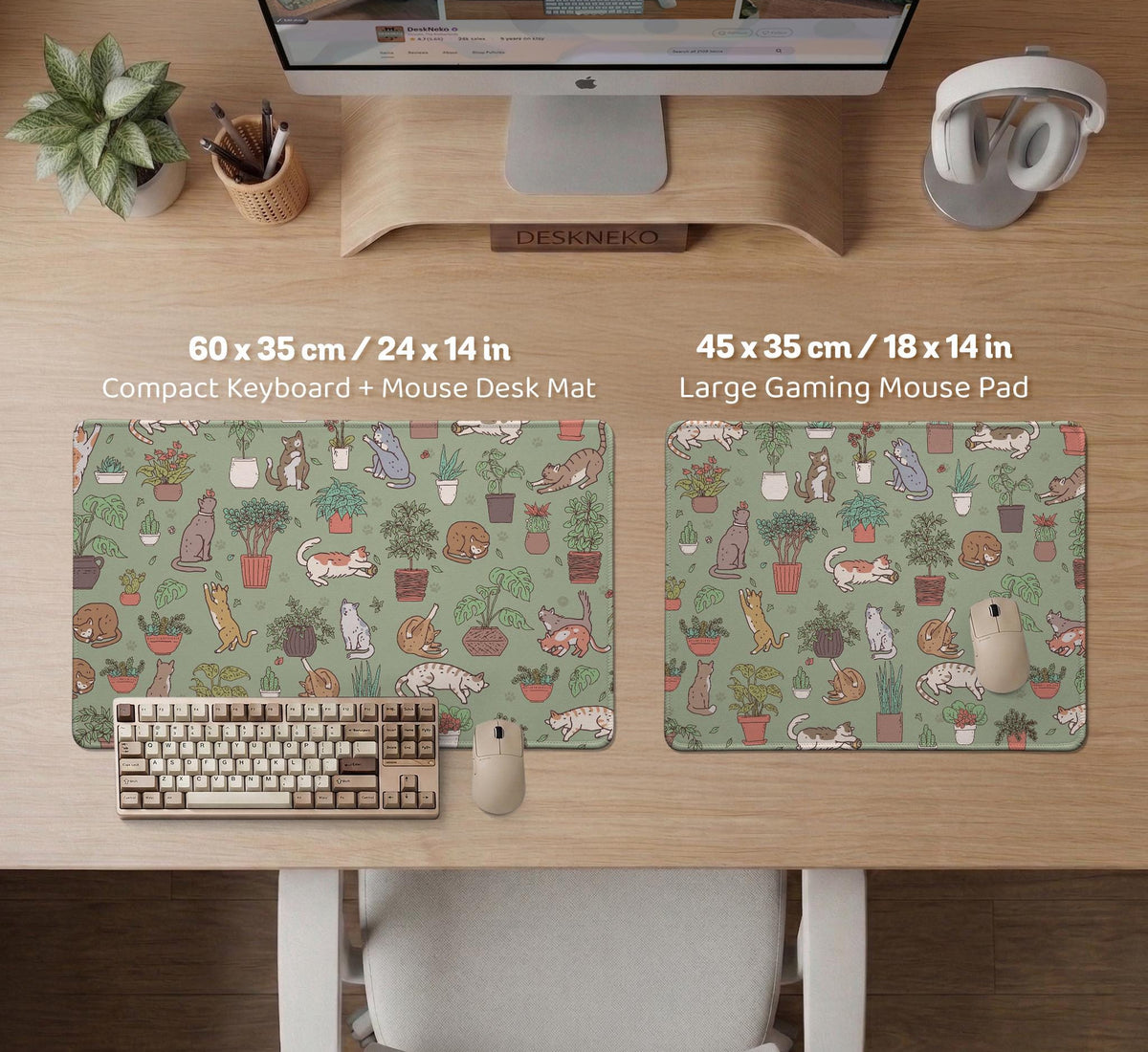 A desk mat with a repeating pattern of cats, leafy houseplants, cactus pots, and small plant-shop style details in sage green.