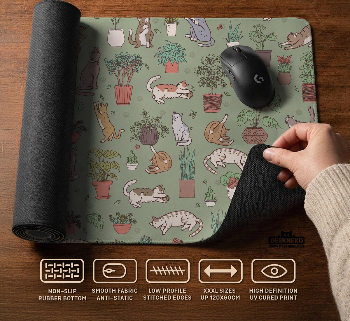 A desk mat with a repeating pattern of cats, leafy houseplants, cactus pots, and small plant-shop style details in sage green.