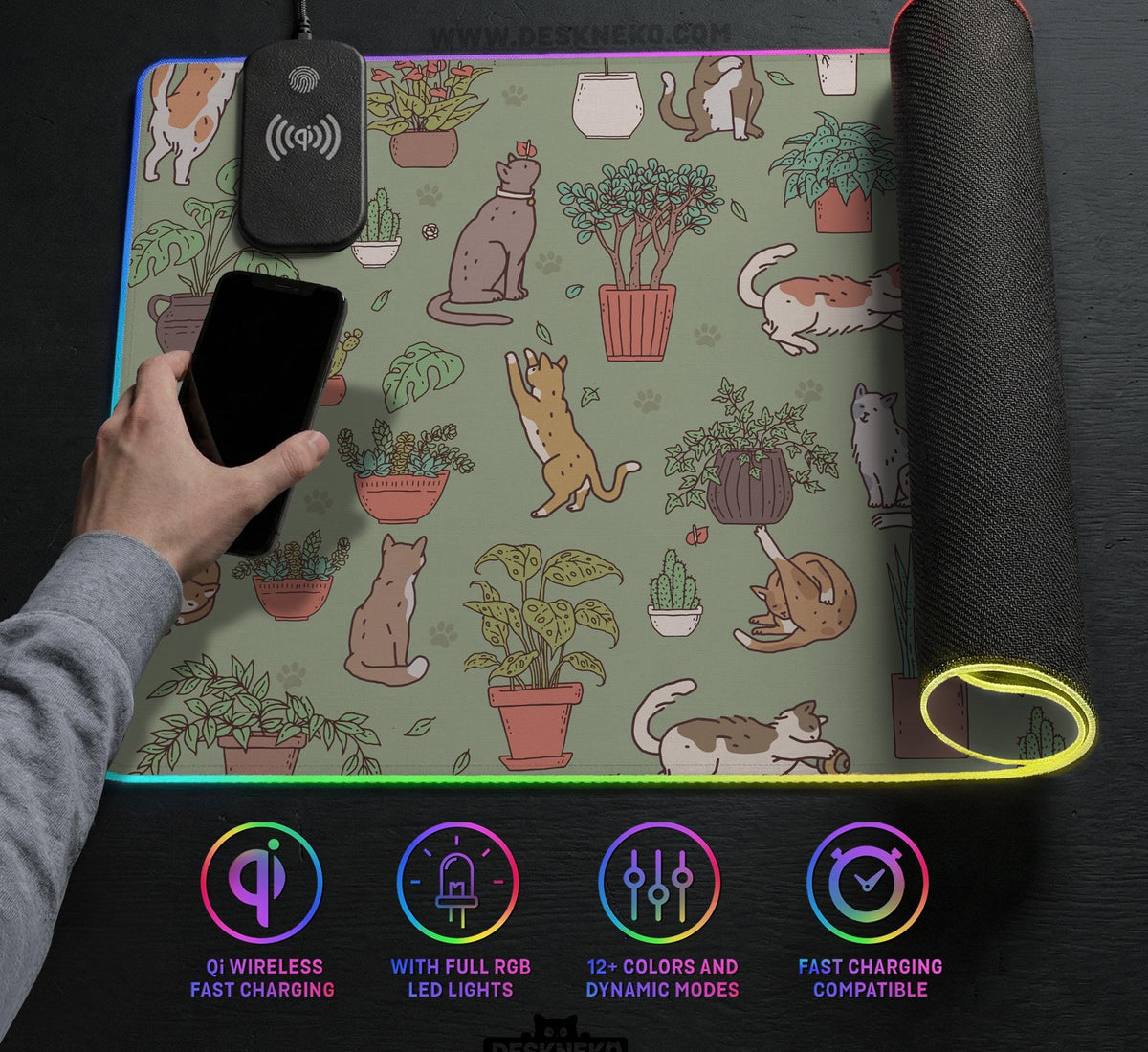 A desk mat with a repeating pattern of cats, leafy houseplants, cactus pots, and small plant-shop style details in sage green.