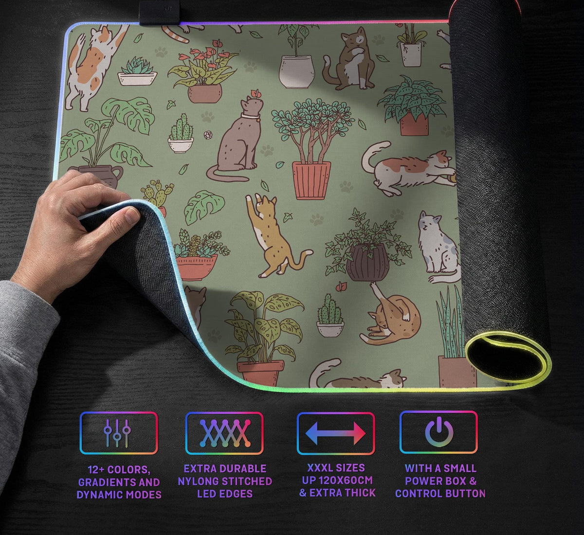 A desk mat with a repeating pattern of cats, leafy houseplants, cactus pots, and small plant-shop style details in sage green.