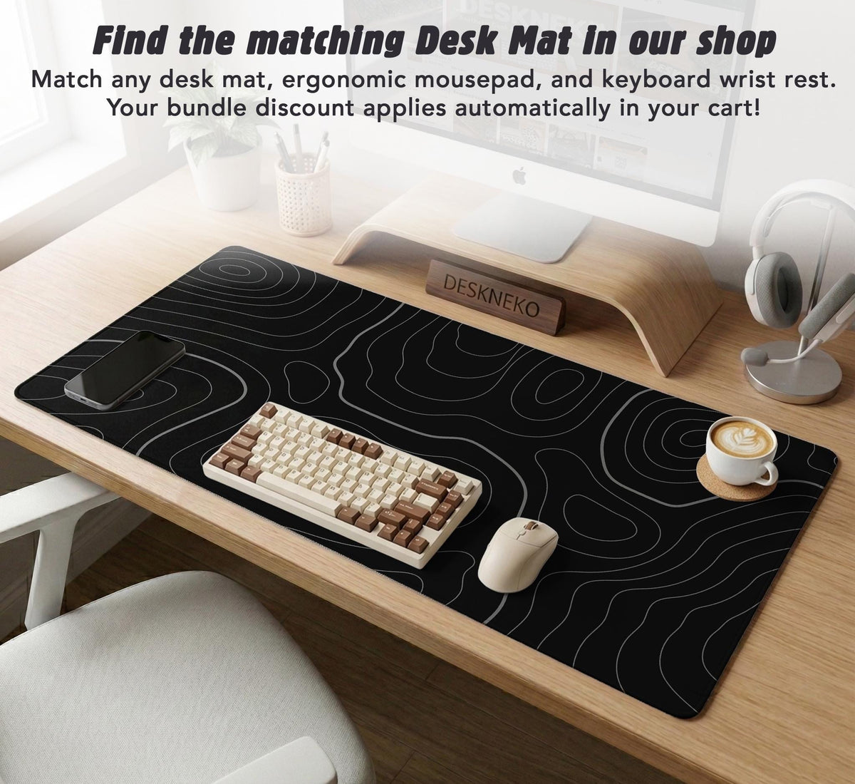 Black mousepad with a gray topographic contour line pattern shown with matching keyboard wrist rest options.