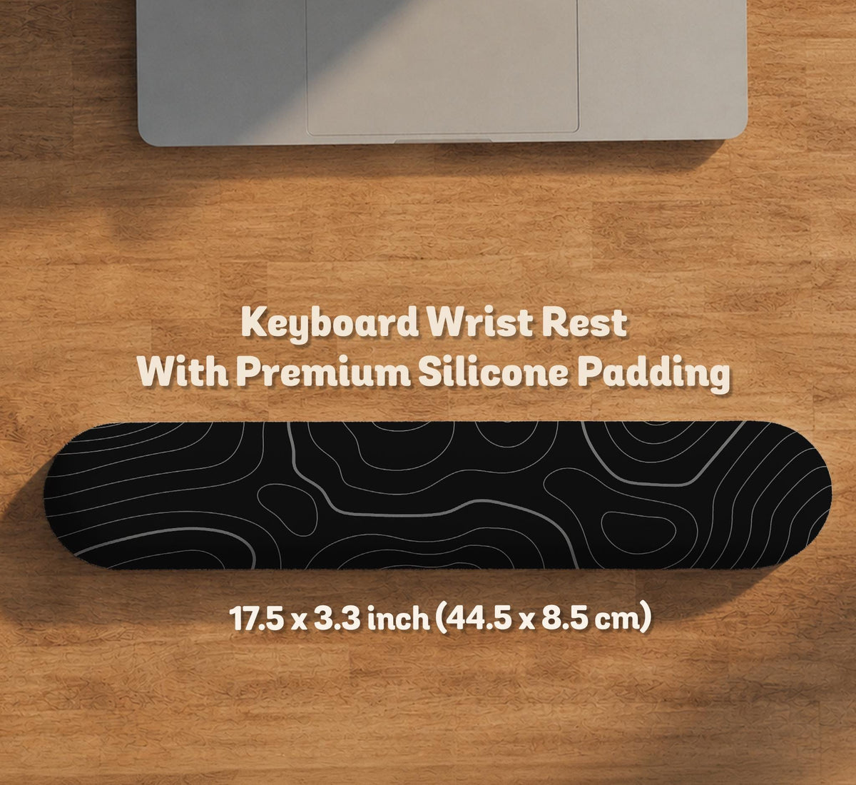 Black mousepad with a gray topographic contour line pattern shown with matching keyboard wrist rest options.
