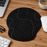 Black mousepad with a gray topographic contour line pattern shown with matching keyboard wrist rest options.