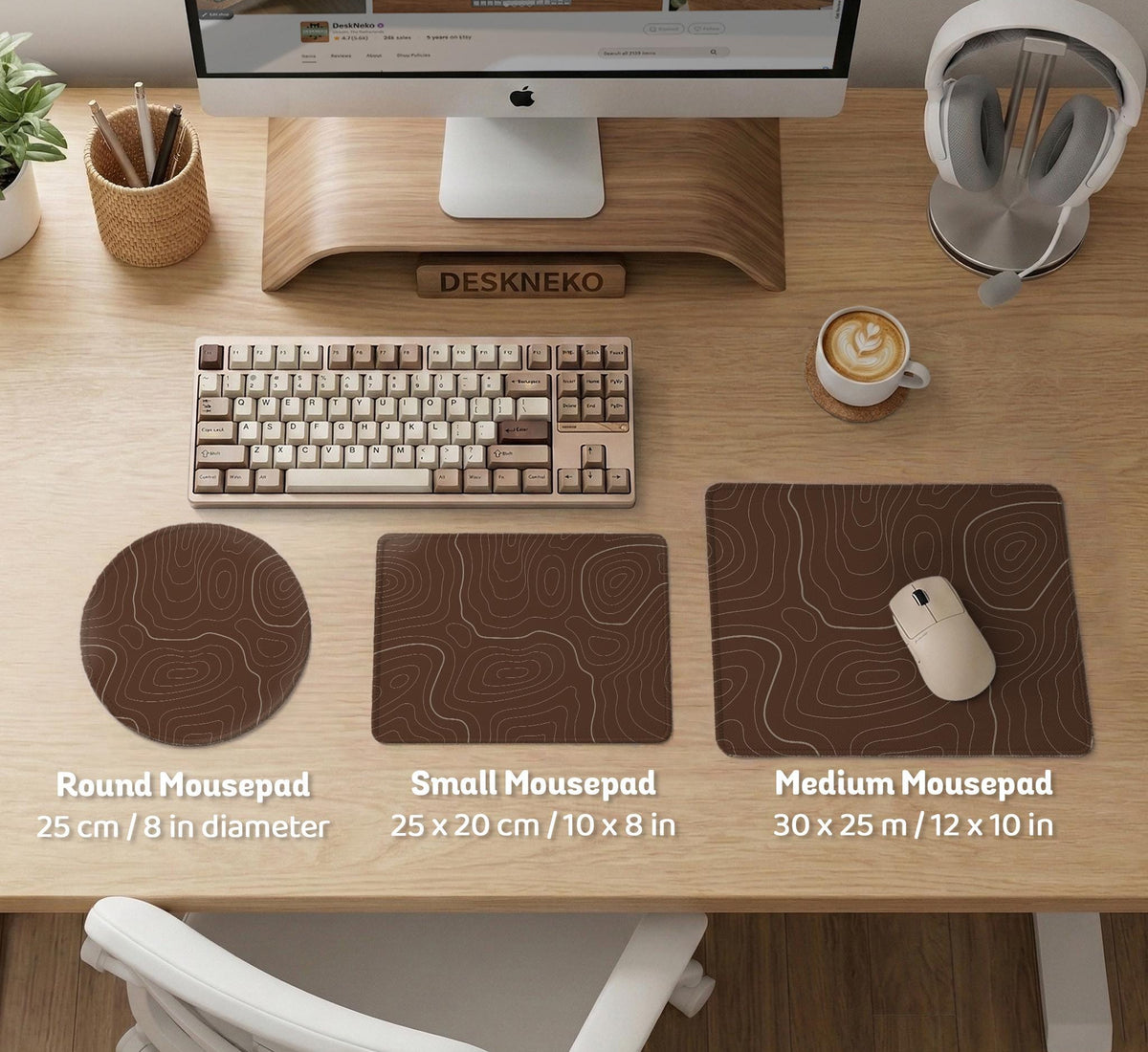 Brown desk mat with a repeating topographic contour line pattern in a neutral earth tone design.