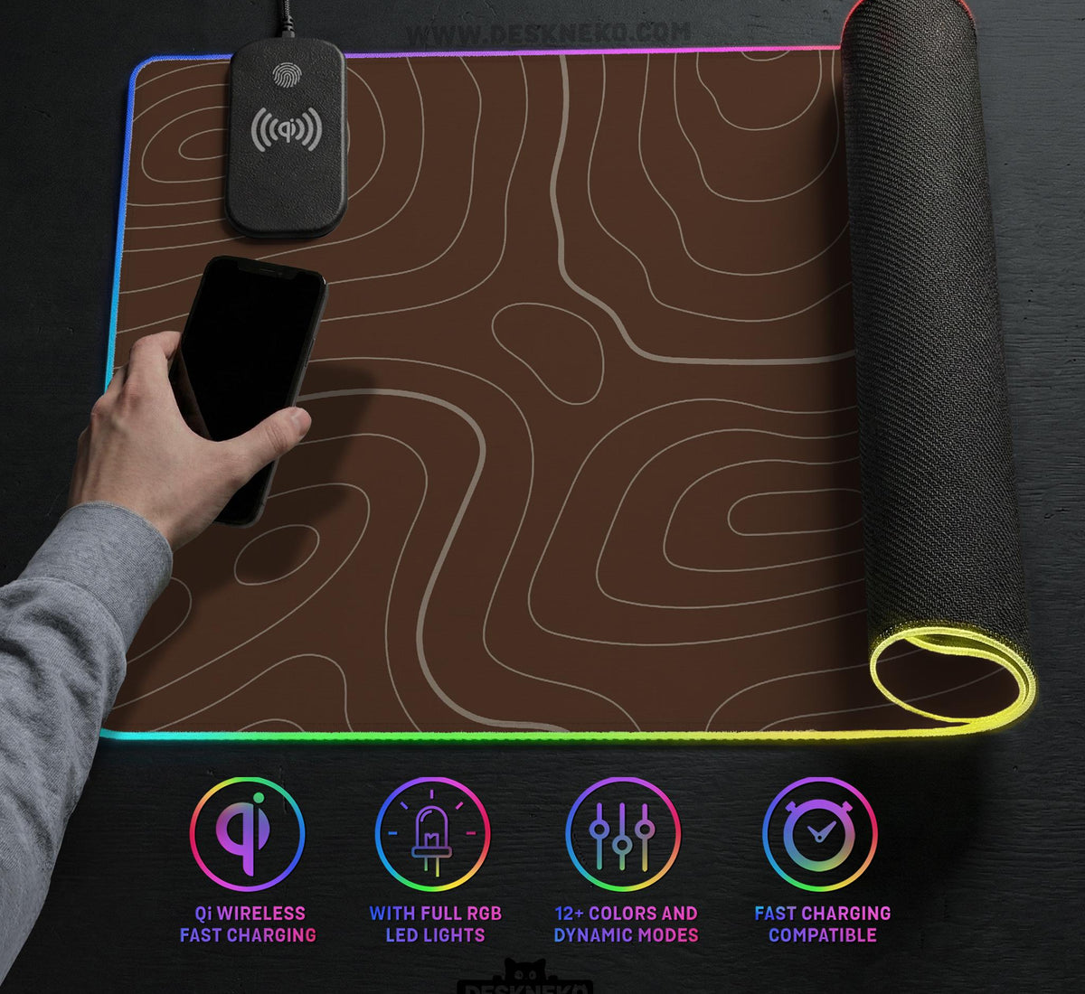 Brown desk mat with a repeating topographic contour line pattern in a neutral earth tone design.
