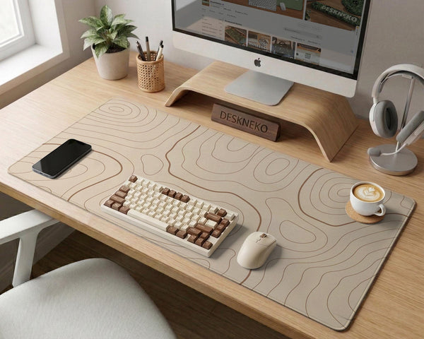 A beige mousepad with a topographic line pattern in a repeating design.