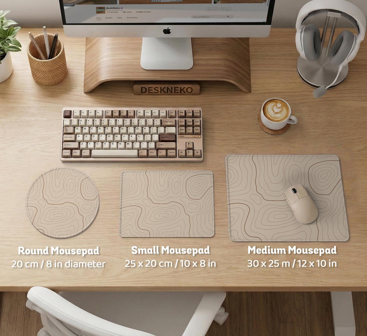 A beige mousepad with a topographic line pattern in a repeating design.