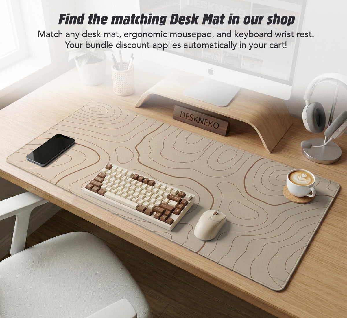 Beige mousepad and keyboard wrist rest with a topographic line pattern shown in a neutral desk setup.