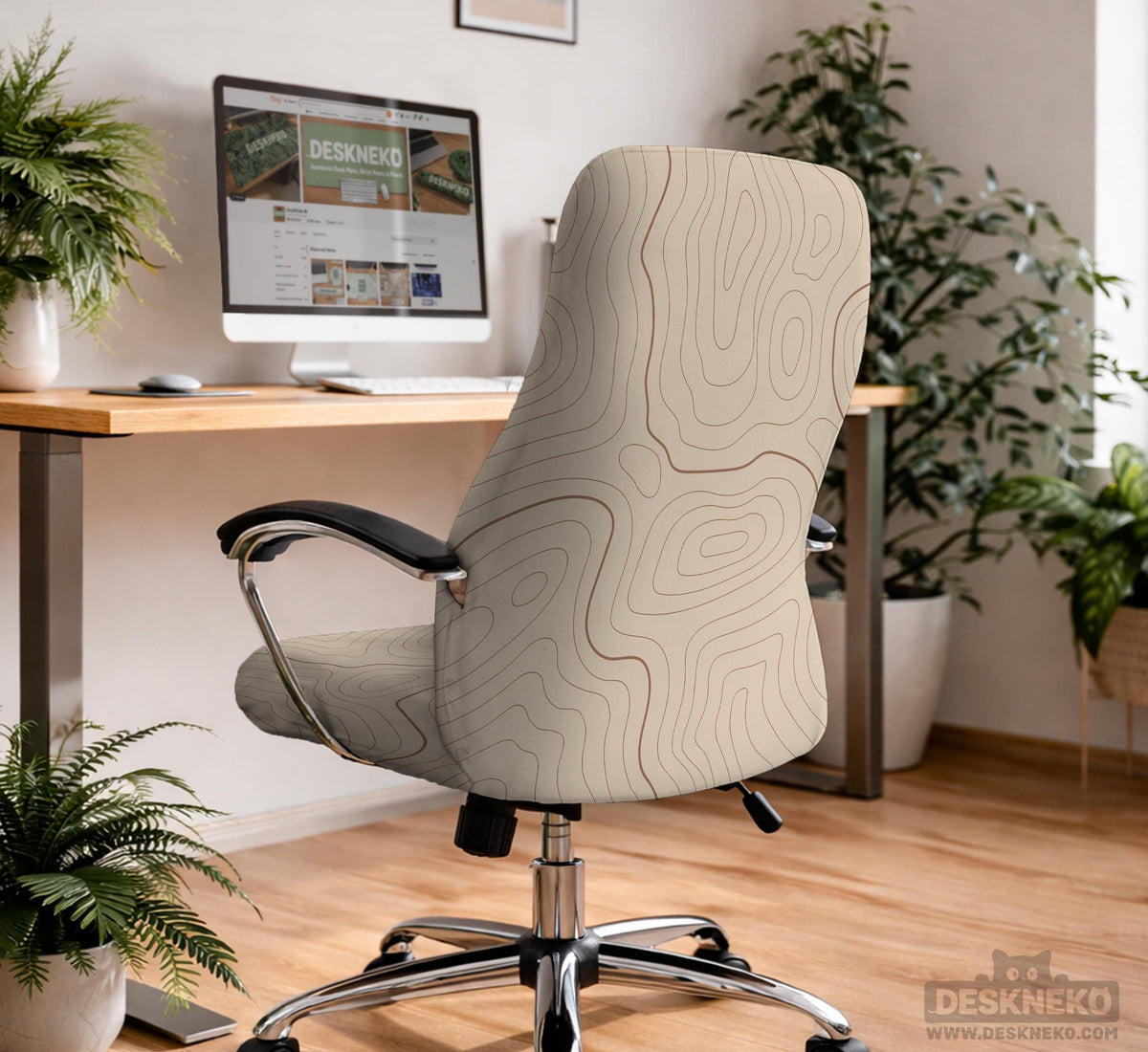Beige chair cover with a minimalist topographic line pattern shown on a high back chair with armrests.