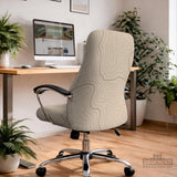 Beige chair cover with a minimalist topographic line pattern shown on a high back chair with armrests.