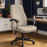 Beige chair cover with a minimalist topographic line pattern shown on a high back chair with armrests.