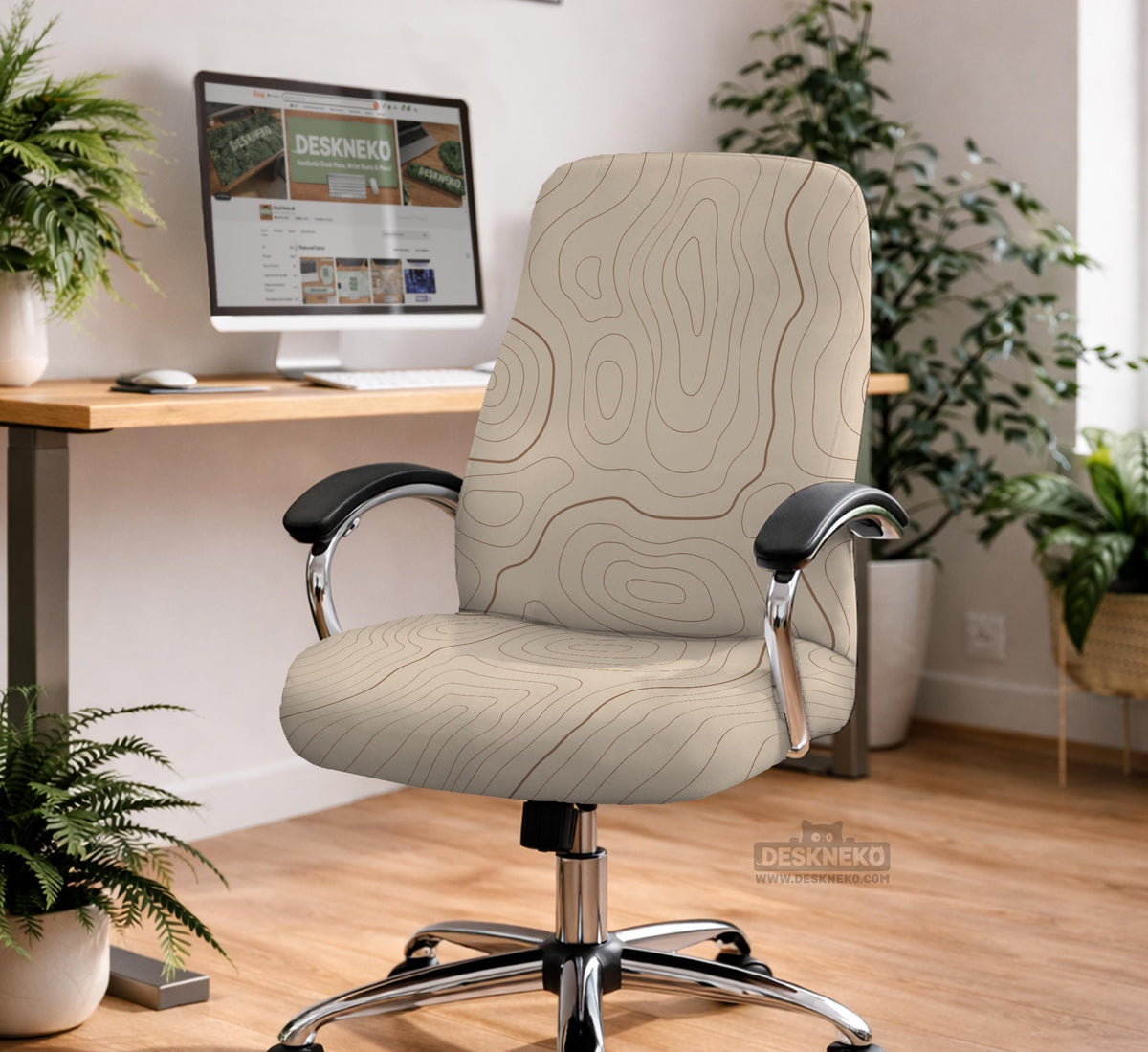 Beige desk chair cover with a topographic line art pattern shown on a chair, with examples of full chair cover, back and seat cover, seat-only cover, and armrest-only cover options.