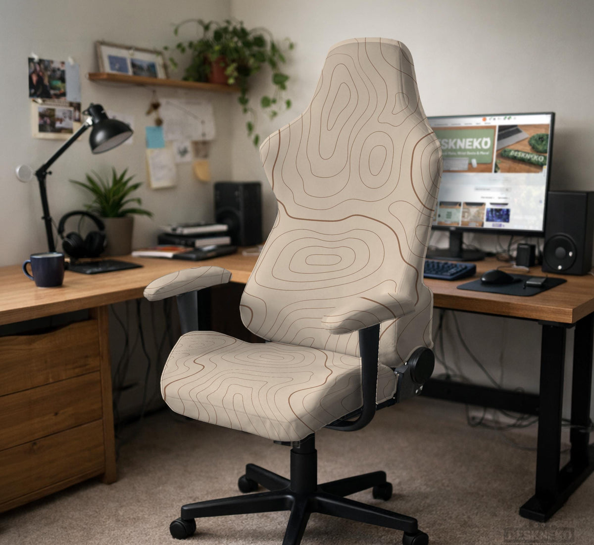 Beige chair cover with a minimalist topographic line pattern shown on a high back chair with armrests.