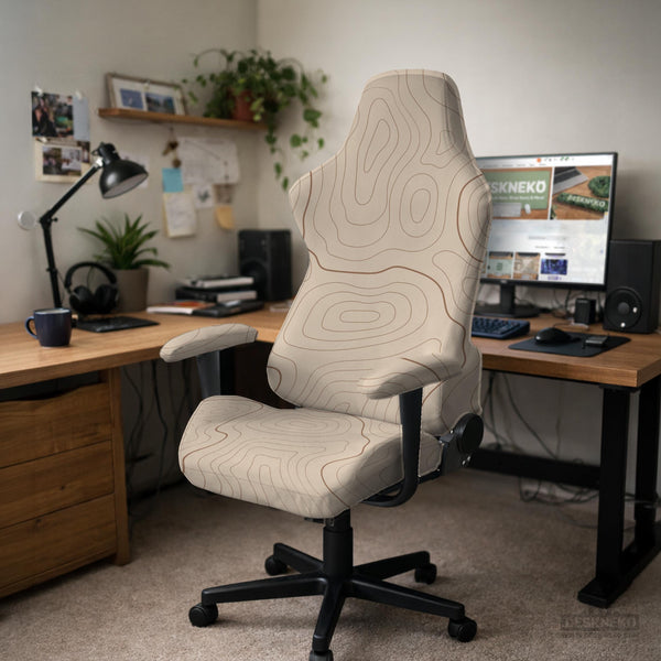 Beige chair cover with a minimalist topographic line pattern shown on a high back chair with armrests.