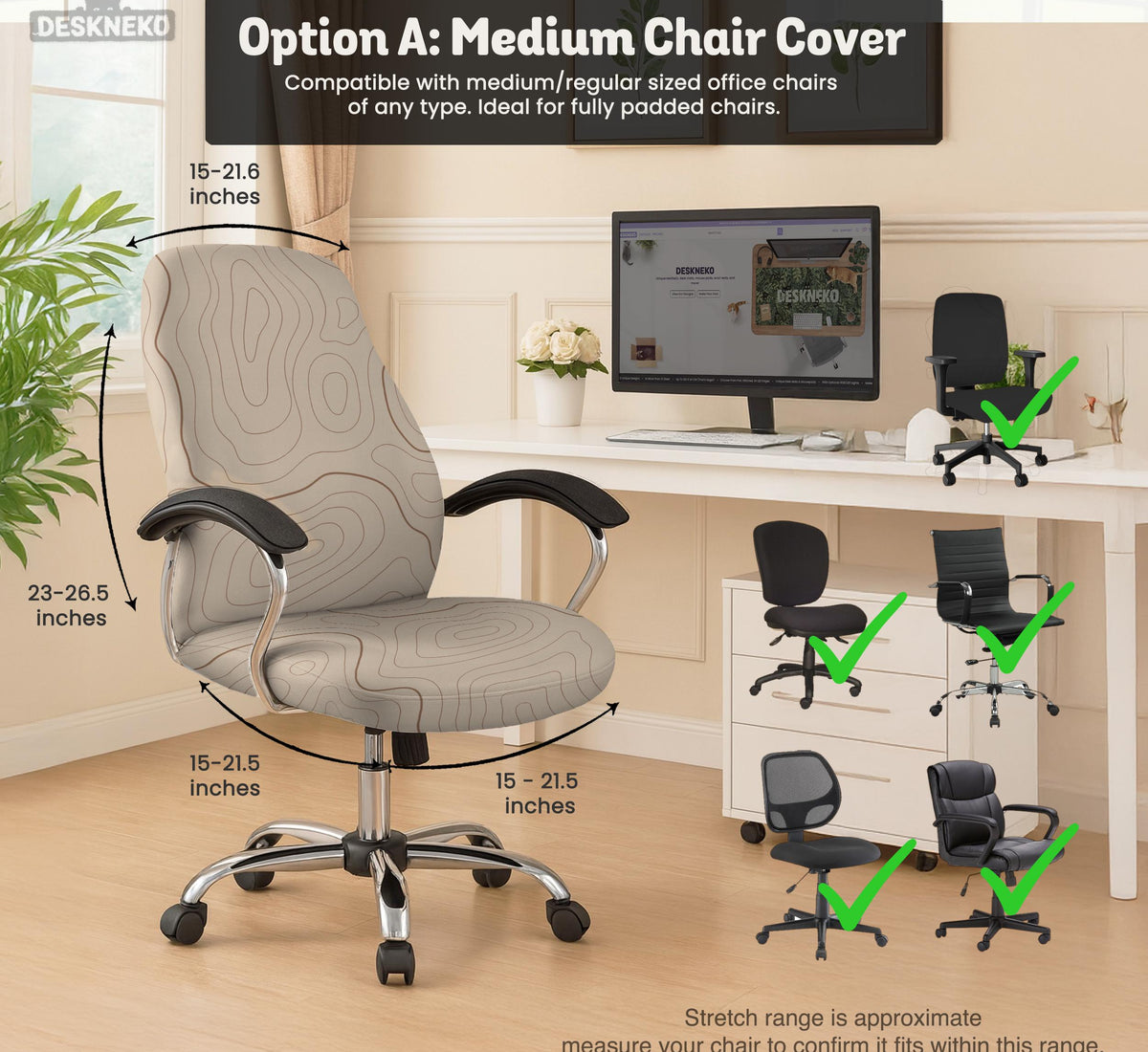 Beige desk chair cover with a topographic line art pattern shown on a chair, with examples of full chair cover, back and seat cover, seat-only cover, and armrest-only cover options.