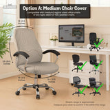Beige desk chair cover with a topographic line art pattern shown on a chair, with examples of full chair cover, back and seat cover, seat-only cover, and armrest-only cover options.