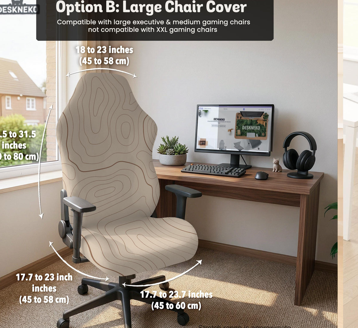 Beige chair cover with a minimalist topographic line pattern shown on a high back chair with armrests.