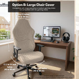 Beige desk chair cover with a topographic line art pattern shown on a chair, with examples of full chair cover, back and seat cover, seat-only cover, and armrest-only cover options.