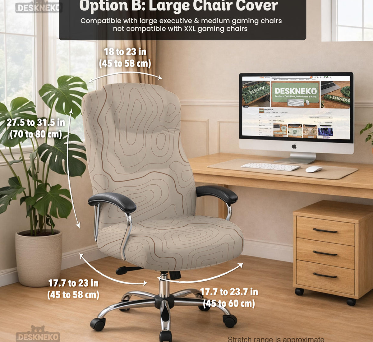 Beige desk chair cover with a topographic line art pattern shown on a chair, with examples of full chair cover, back and seat cover, seat-only cover, and armrest-only cover options.