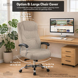 Beige desk chair cover with a topographic line art pattern shown on a chair, with examples of full chair cover, back and seat cover, seat-only cover, and armrest-only cover options.