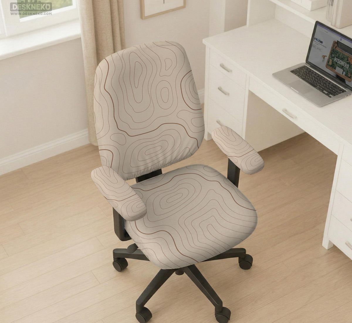 Beige chair cover with a minimalist topographic line pattern shown on a high back chair with armrests.
