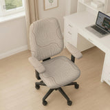 Beige chair cover with a minimalist topographic line pattern shown on a high back chair with armrests.